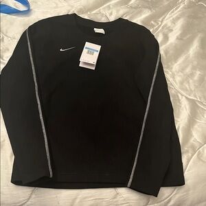 Nike Womens Fleece M Crew Neck Embroidered Swoosh Black w White Trim Long Sleeve